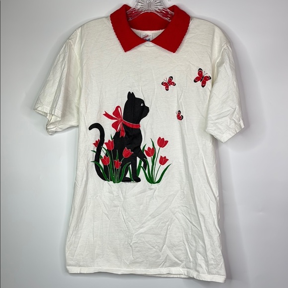 Vintage Jerzees Black Cat Butterfly Collard Tshirt Size Large - Picture 1 of 10